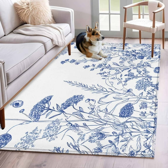 Blue Flower Plant Area Rug 4x6 FT, Non Slip Kids Room Carpet, Retro Country Tree Branch Leaves Washable Soft Floor Carpet Non-Shedding Throw Rug for Dorm Kitchen Study Room Home Office Bedside
