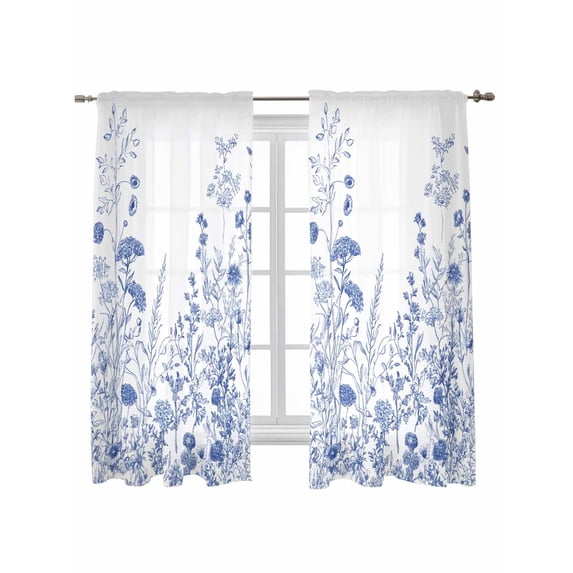 Blue Flower Plant Curtains 63 Inch Length, Sheer Curtains for Bedroom Living Room Window Retro Country Tree Branch Leaves Rod Pocket Voile Drapes Kitchen Curtains Small Half Window 42"x63" 2 Panels