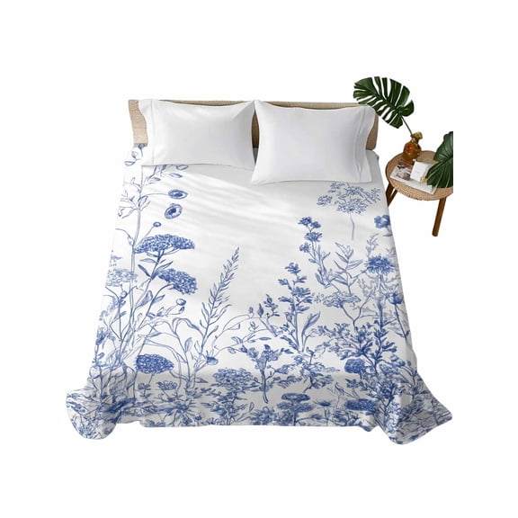 Blue Flower Plant Flat Sheets Only King Size, Soft Breathable Bed Top Sheets for Mattress, Retro Country Tree Branch Leaves Luxury Bedding Flat Sheets for Home Hotel Bedroom Bed Protection