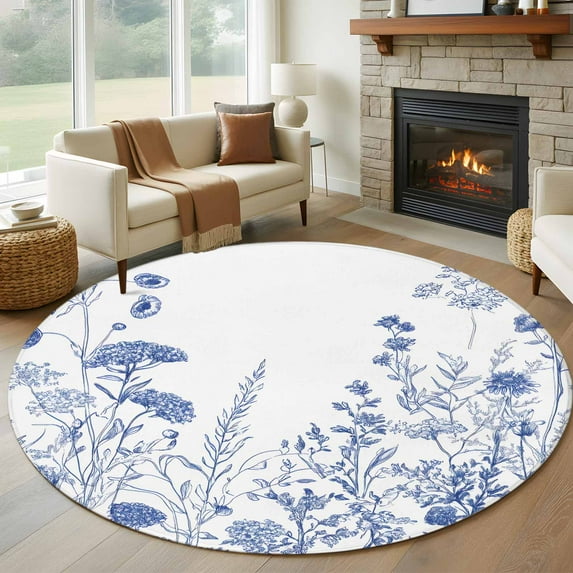 Blue Flower Plant Large Round Rug 8 FT, Non Slip Living Room Area Carpet, Retro Country Tree Branch Leaves Washable Soft Circle Rug Non-Shedding Floor Carpet for Bedroom Office Dining Room