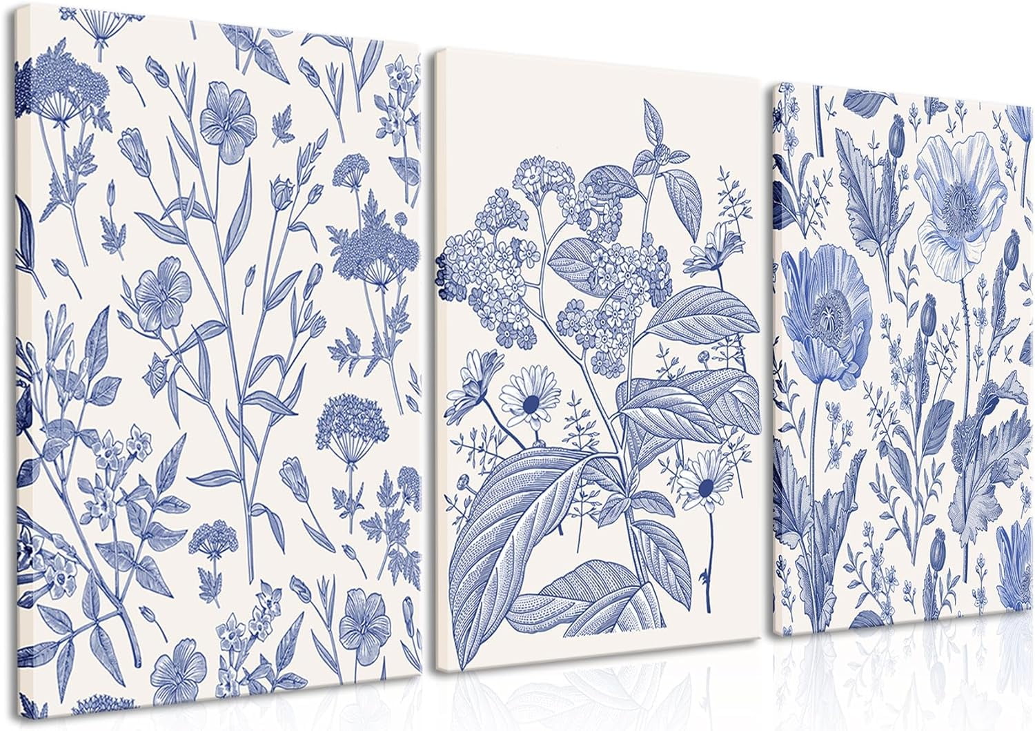 Blue Flower Plant Large Wall Art Canvas Framed Print Set Of 3 Classic ...