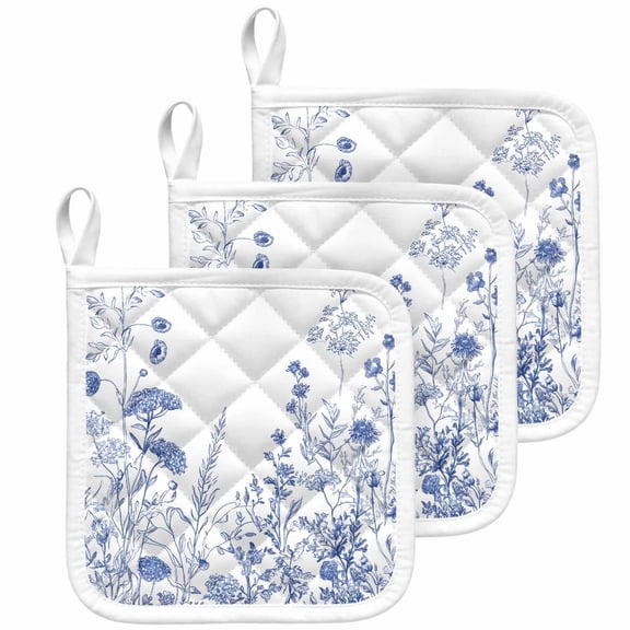 Blue Flower Plant Pot Holders for Kitchen Heatproof Potholder, 3 Pack Retro Country Tree Branch Leaves Hot Pads Multipurpose Oven Pads Cloth Potholders Trivet for Cooking Baking