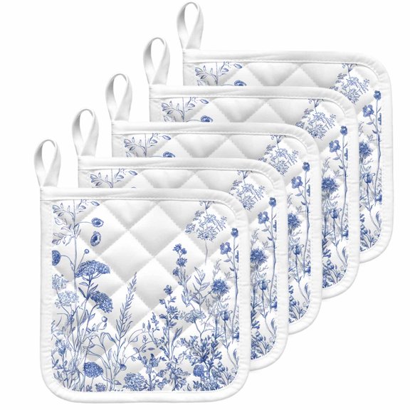 Blue Flower Plant Pot Holders for Kitchen Heatproof Potholder, 5 Pack Retro Country Tree Branch Leaves Hot Pads Multipurpose Oven Pads Cloth Potholders Trivet for Cooking Baking