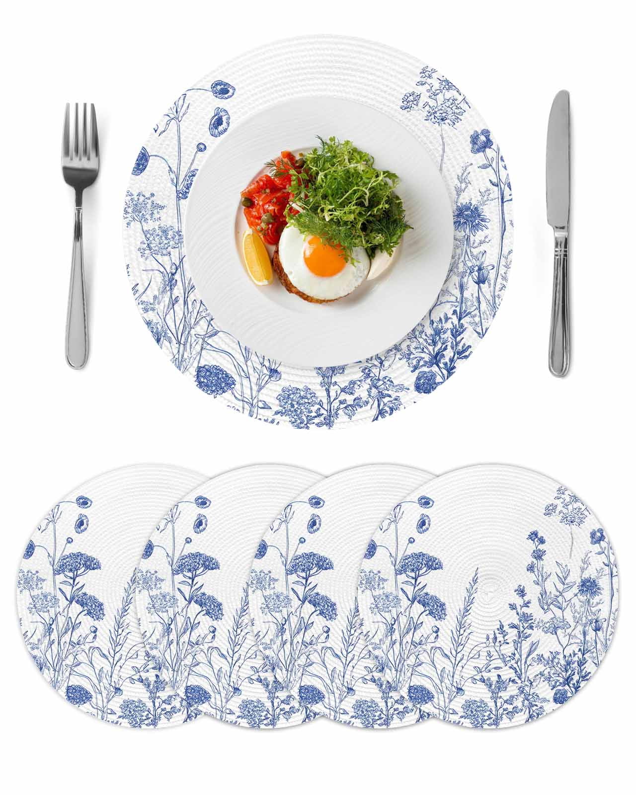 Blue Flower Plant Round 13 Inch Placemats Set of 4, Retro Country Tree ...
