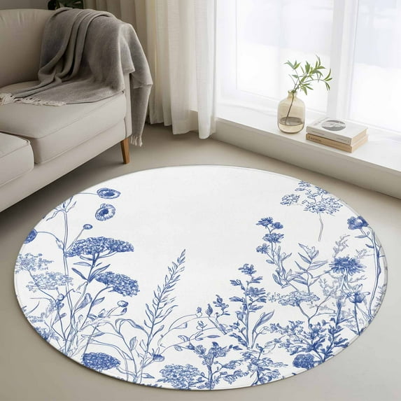 Blue Flower Plant Round Area Rug 3.3 FT, Non Slip Small Entryway Kitchen Mat, Retro Country Tree Branch Leaves Washable Soft Circular Rug Non-Shedding Door Mat for Bathroom Playroom Kids Room