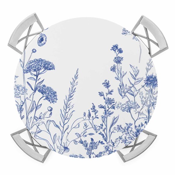 Blue Flower Plant Round Tablecloth for 36-44 Inch Tables,Fitted Table Cover with Elastic Edge,Retro Country Tree Branch Leaves Waterproof Outdoor Table Cloth Protector for Patio Garden Dinner Picnic