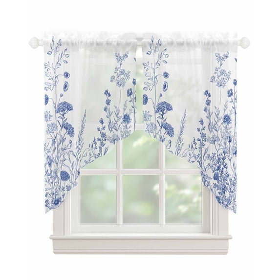 Blue Flower Plant Swag Valances for Windows, Retro Country Tree Branch Leaves Rod Pocket Sheer Valances for Small Windows, Swag Toppers Light Filtering for Kitchen Living Room 2 Panels 36''x36''