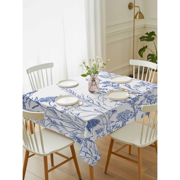 Blue Flower Plant Tablecloth Rectangle Table Cloth 52x70, Waterproof Tablecloth Outdoor Table Cloth, Retro Country Tree Branch Leaves Washable Table Cover for Kitchen Dinning Party