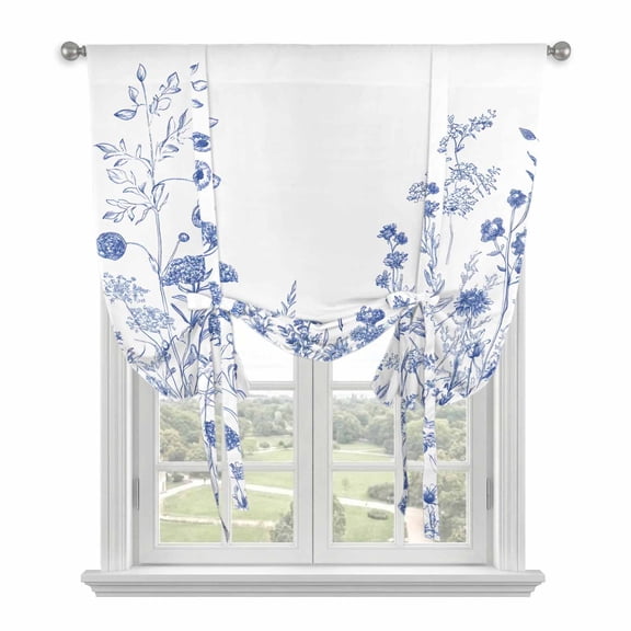 Blue Flower Plant Tie Up Curtains for Windows, Adjustable Rod Pocket Valance Shade, Retro Country Tree Branch Leaves Light Filtering Window Treatment for Kitchen Bedroom Living Room 34"x 45"