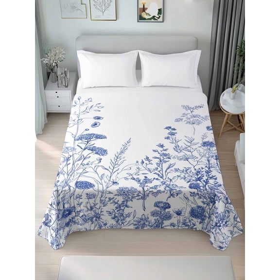 Blue Flower Plant Twim Size Flat Sheet, Wrinkleproof & Fadeproof Cooling Flat Bed Sheet Only, Retro Country Tree Branch Leaves Breathable Soft Bedding Top Sheets 66 x 96 Inches