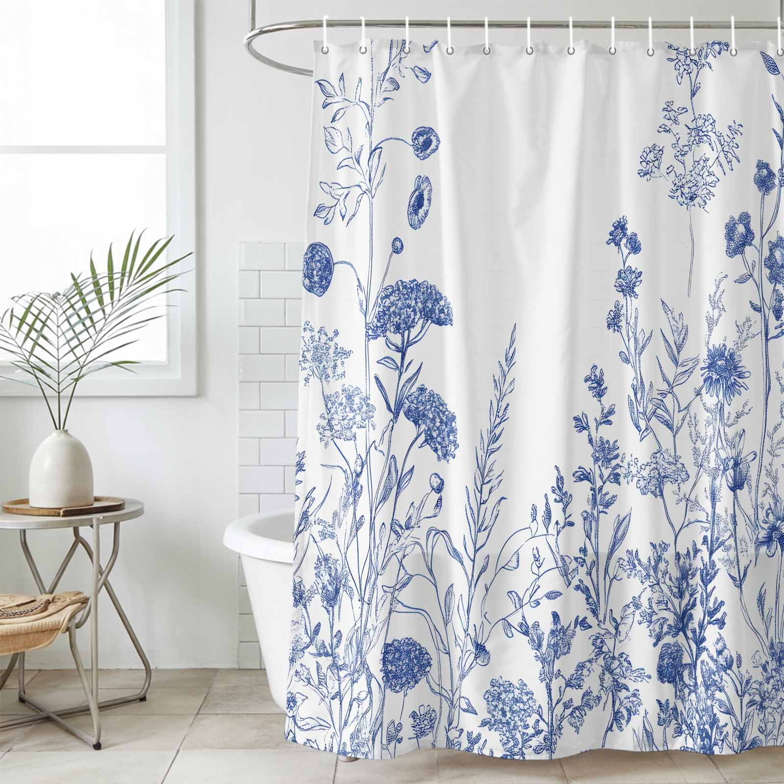Blue Flower Plant Waterproof Fabric Shower Curtain,Retro Country Tree