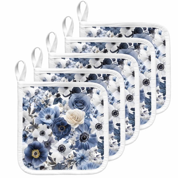 Blue Flower Pot Holders for Kitchen Heatproof Potholder, 5 Pack Vintage Ink Rose Floral Spring Botanical Hot Pads Multipurpose Oven Pads Cloth Potholders Trivet for Cooking Baking