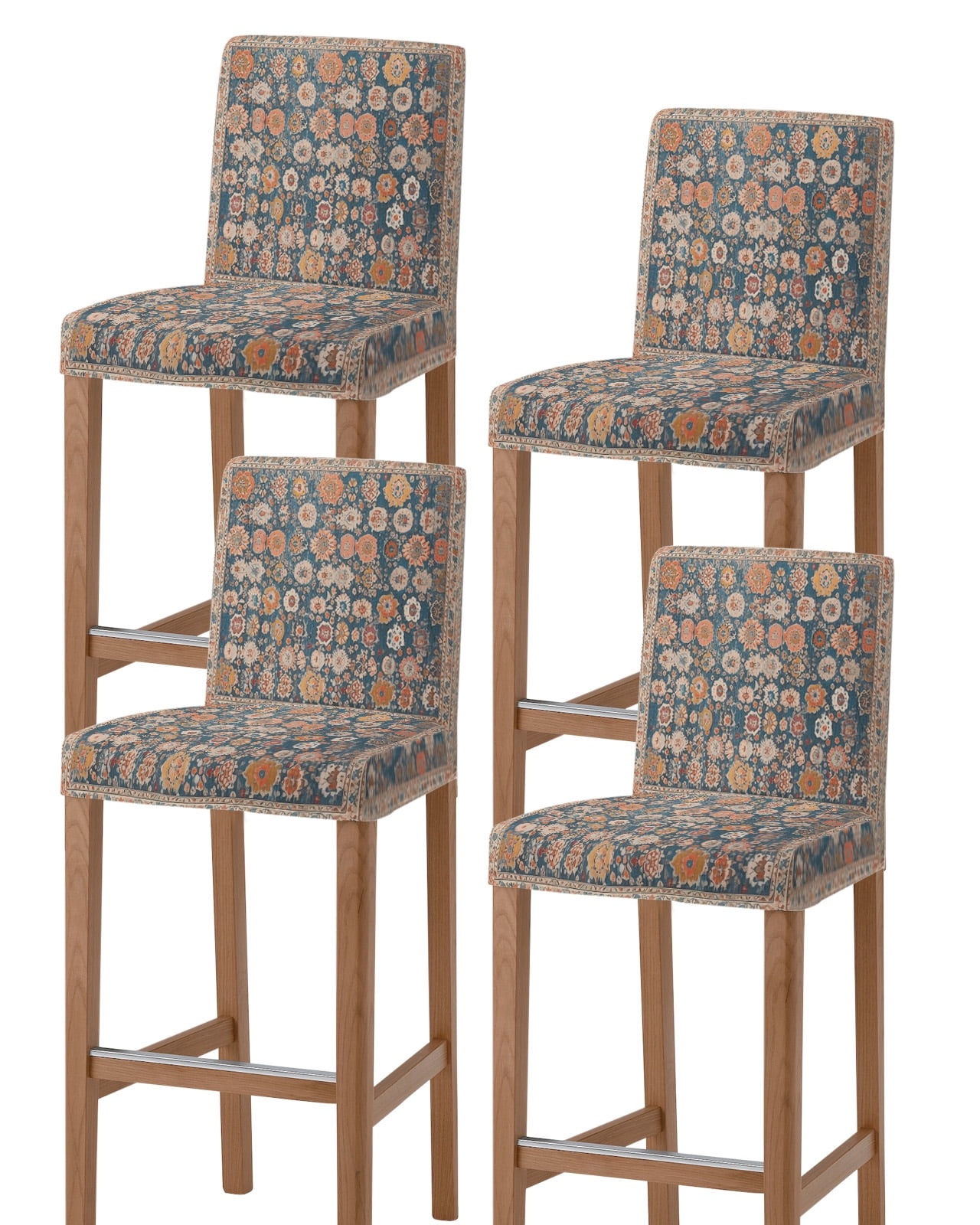 Blue Flower Print Bar Stool Chair Covers Set of 4 with Back,Farmhouse