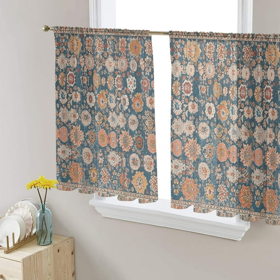 Blue Flower Print, Semi Sheer Curtains 45 Inch Length 2 Panels Set, Farmhouse Boho Decorative Patterns Sheer Kitchen Curtain Privacy Voile Window Curtain for Living Room Bedroom Rod Pocket Drapes