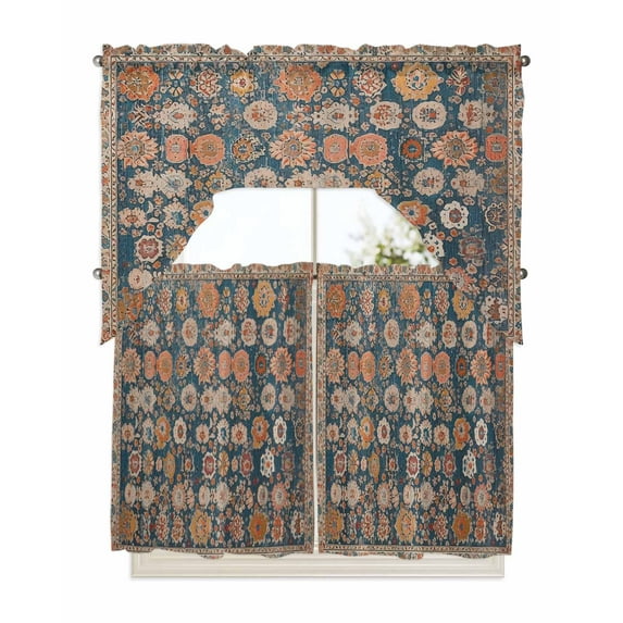 Blue Flower Print, Swag Valance and Tier Curtains 36'' Length Set, Farmhouse Boho Decorative Patterns Light Filtering Kitchen Curtains, Tier Curtain Valances for Bathroom/Living Room/Bedroom/Café