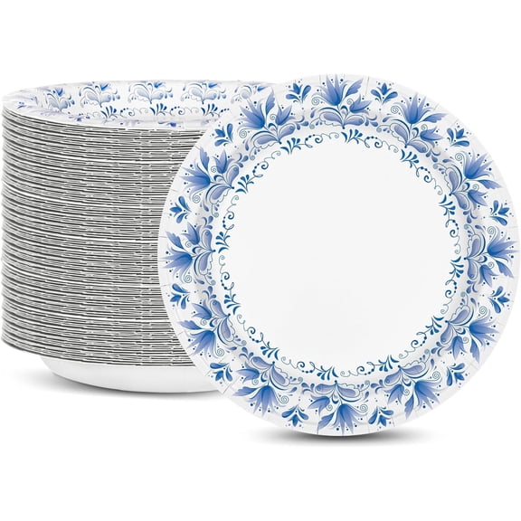 Blue Flower Printed Paper Plates - Bulk 8.5 Inch, 150pcs, Soak & Cut Proof for Parties & Daily Use