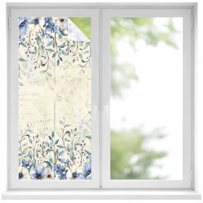 Blue Flower Privacy Window Film, Decorative Frosted Glass Window Film, Farmhouse Eucalyptus Retro Country Plant Reusable Peel and Stick Static Cling for Home Bathroom Office Glass Door 17.7"x39.3"