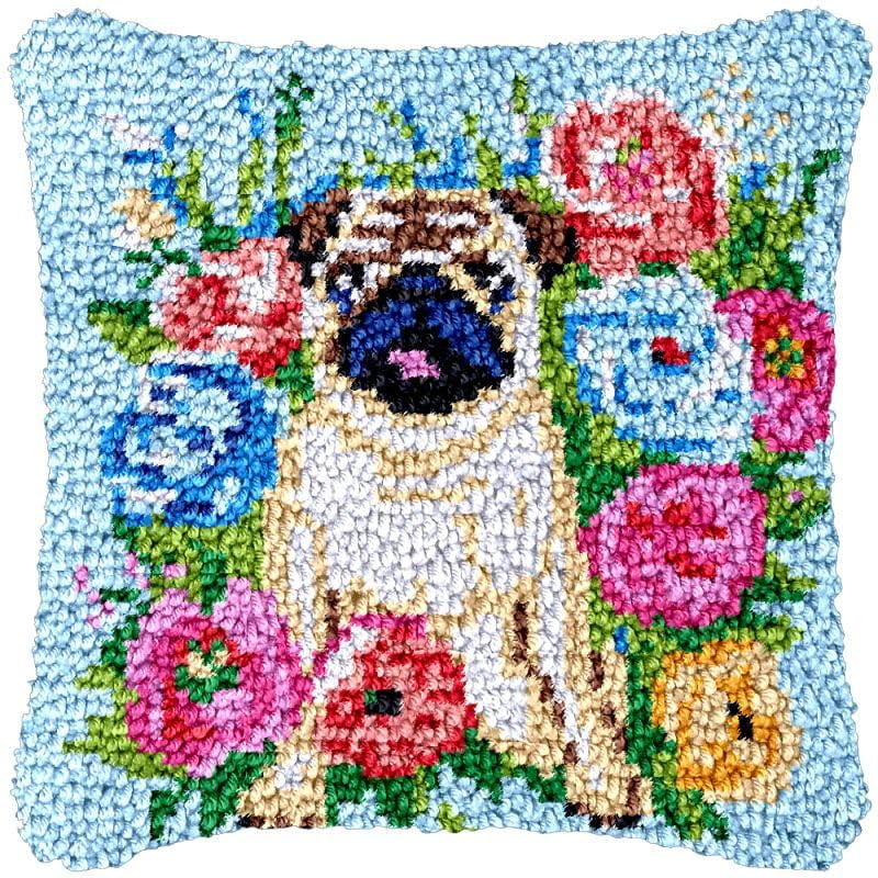 Blue Flower Pug Latch Hook Pillow Cover Kits for DIY Cushion Cross Stitch Crochet Hooking Latch Hook Pillowcase Rug Kits with Preprinted Canvas Crochet Yarn Kits Needlework Crafts 17'' X 17''