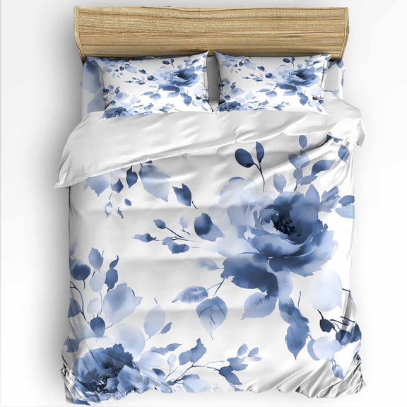 Blue Flower Queen Size Comforter Set, Spring Watercolor Blue Floral Pastoral Retro Soft Bedding for All Seasons, 4 Pcs Bed Set with 1Comforter (90"x92") ,1 Sheet(94"x116"), 2 Pillowcases (19"x29")