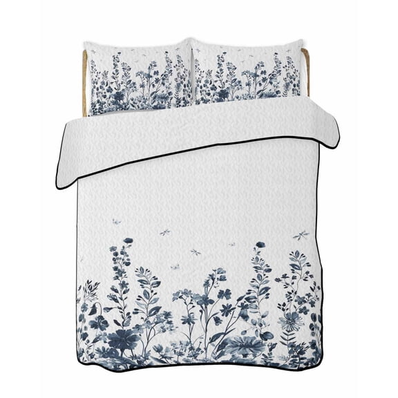 Blue Flower Quilts Bedding Set Full Size Dragonfly Leaf Bud Ink Style Plant Nature Lightweight Quilted Bedspread 3 Piece Bed Quilt with 2 Pillow Shams All Season for Bedroom 68" x 98"