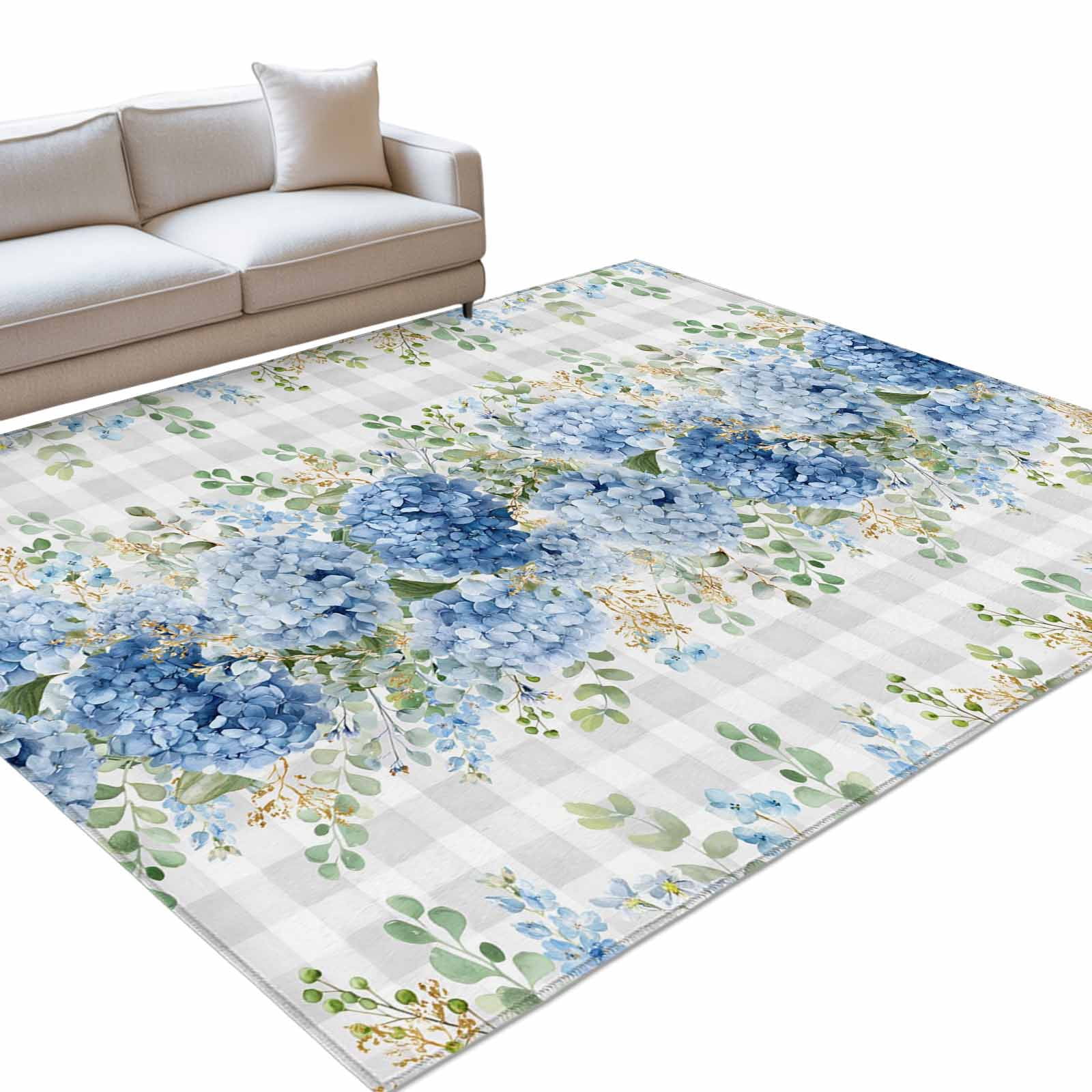 Blue Flower Rectangle Rug 5'x7' Summer Country Hydrangea Floral Grey Plaid Washable Area Rugs for Living Room Bedroom Entryway Non Slip&nbsp; Entrance Door Mat Indoor Floor Carpet