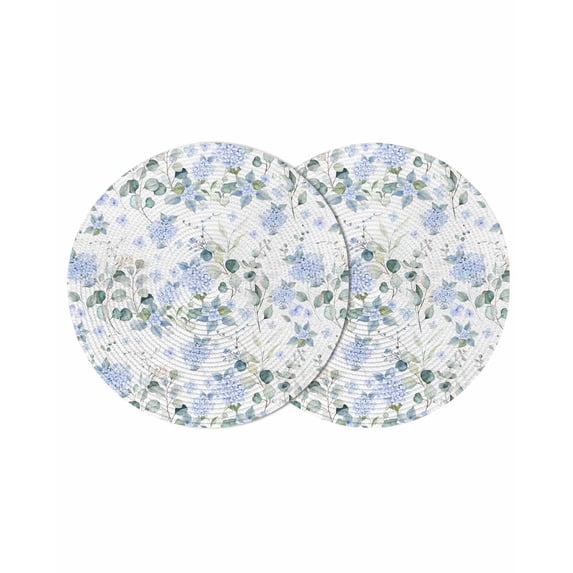 Blue Flower Round 13 Inch Placemats Set of 2, Sage Green Eucalyptus Leaf Farmhouse Country HeatResistant Non Slip Place Mats for Dining Table, Wipeable Braided Kitchen Table Mats for Housewarming