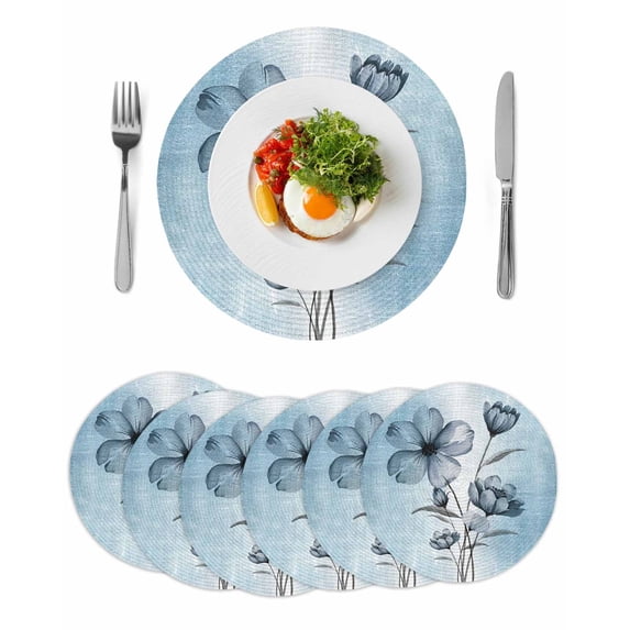 Blue Flower Round 13 Inch Placemats Set of 6, Retro Gradient Texture Painting Plant Leaf HeatResistant Non Slip Place Mats for Dining Table, Wipeable Braided Kitchen Table Mats for Housewarming