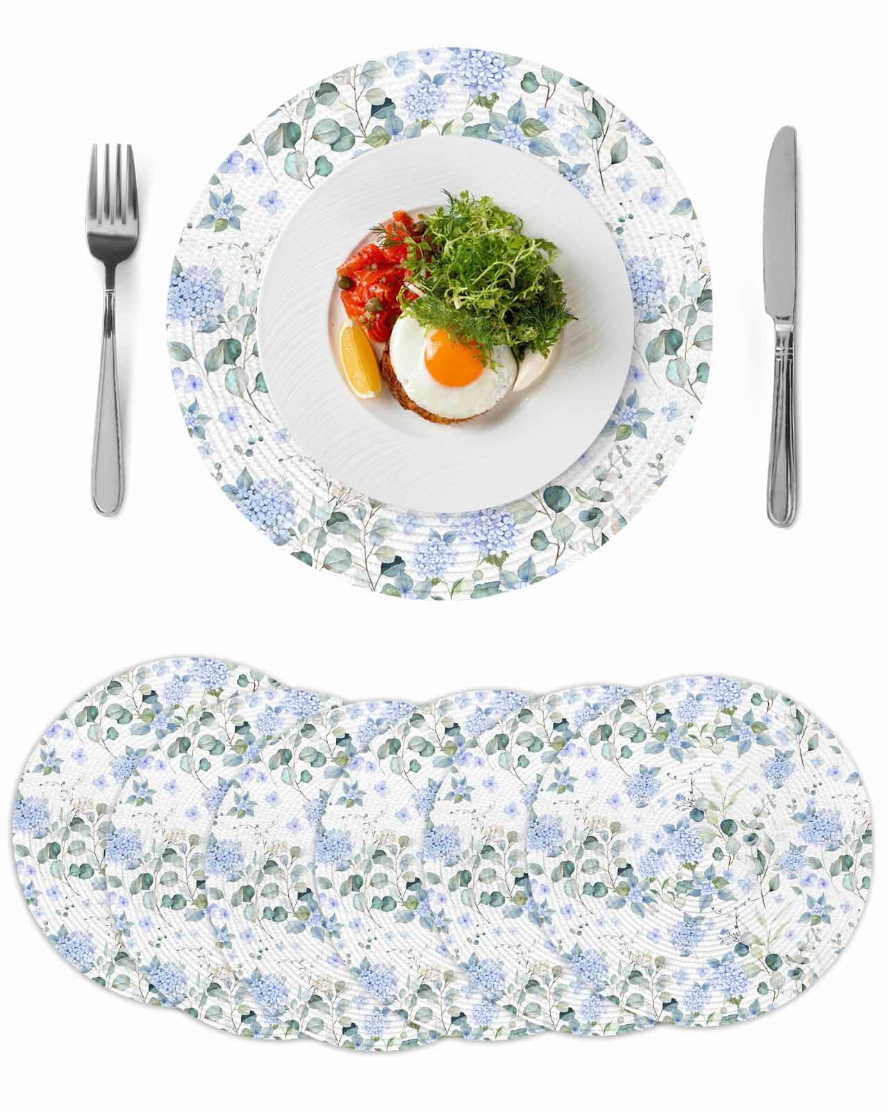 Blue Flower Round 13 Inch Placemats Set of 6, Sage Green Eucalyptus ...