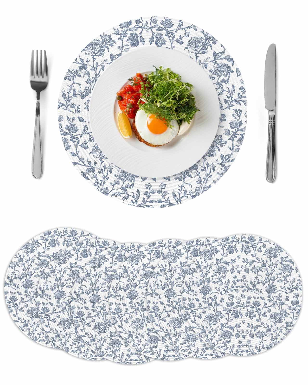 Blue Flower Round 13 Inch Placemats Set of 6, Vintage Farmhouse Boho ...