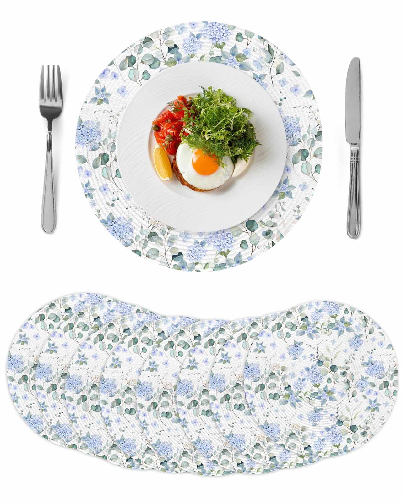 Blue Flower Round 13 Inch Placemats Set of 8, Sage Green Eucalyptus ...