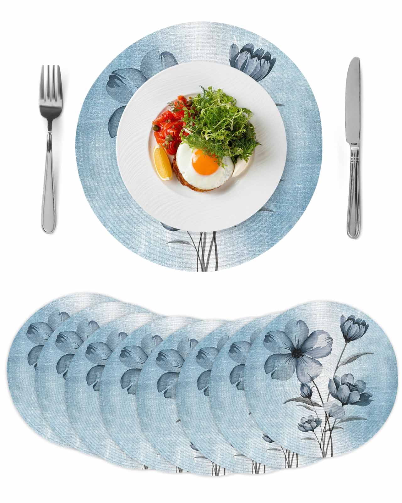 Blue Flower Round 15 Inch Placemats Set of 8, Retro Gradient Texture ...
