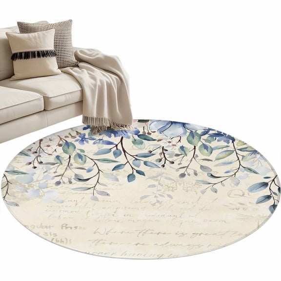 Blue Flower Round Area Rug 3 FT, Small Kitchen Bathroom Mat, Farmhouse Eucalyptus Retro Country Plant Washable Indoor Outdoor Throw Runner Carpet Non-Shedding Doormat for Table Shower Sofa Entryway