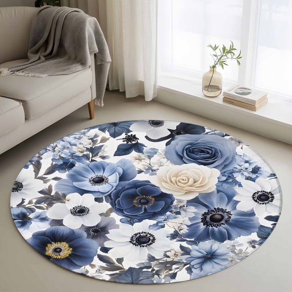 Blue Flower Round Area Rug 4 FT, Non Slip Indoor Outdoor Rug, Vintage Ink Rose Floral Spring Botanical Washable Soft Circular Carpet Non-Shedding Floor Mat for Coffee Table Nursery Foyer Balcony