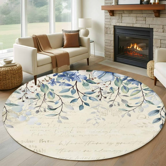 Blue Flower Round Area Rug 6 FT, Non Slip Bedroom Area Rug, Farmhouse Eucalyptus Retro Country Plant Washable Soft Circular Carpet Floor Mat for Kitchen Dining Room Home Office Kids Room
