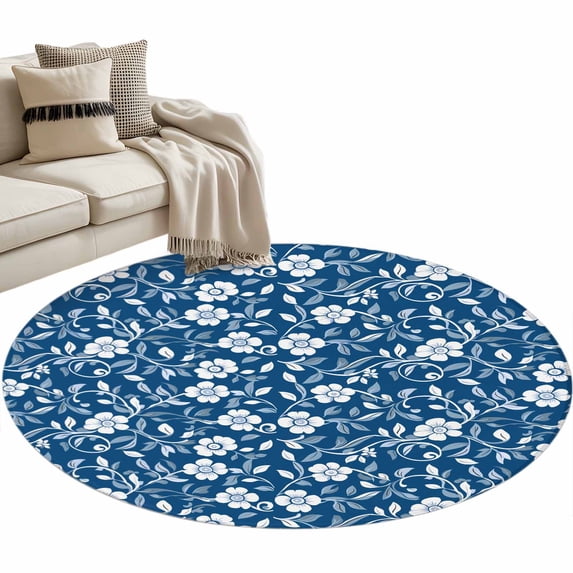 Blue Flower Round Area Rug 4ft Country Retro Pastoral Floral Leaf ...