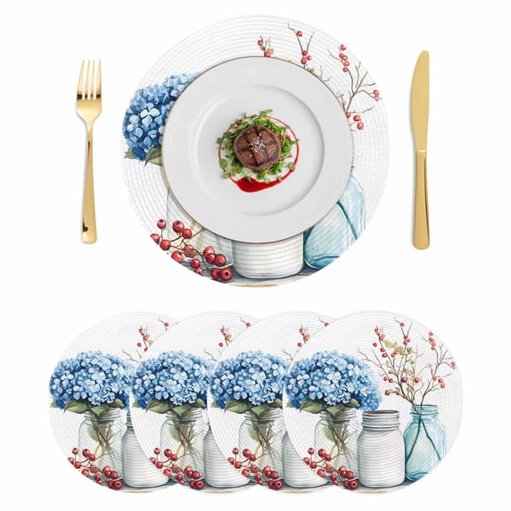 Blue Flower Round Placemats Set of 4 Bottle Hydrangeas Fruit Branch ...
