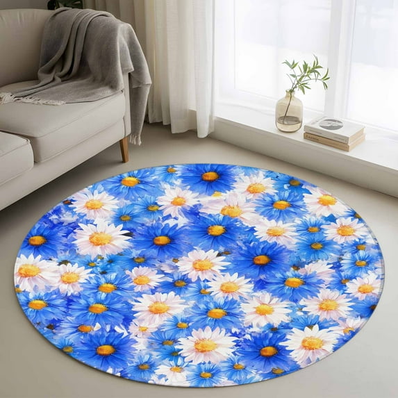Blue Flower Round Rug 3ft Washable Circle Entryway Rugs Non Slip White Daisy Watercolor Floral Modern Painting Area Rug Indoor Floor Carpet for Bedroom Kitchen Living Room Office Dining Room Nursery