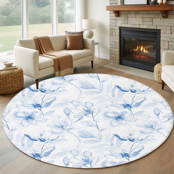 Blue Flower Round Rug 8ft Washable Circle Rugs Non Slip Watercolor Floral Botanical Line Drawing Print Large Area Rug Indoor Floor Carpet for Bedroom Kitchen Living Room Home Office Dining Room
