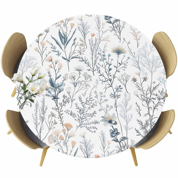 Blue Flower Round Tablecloth 36-44 Inch Round Fitted Table Cloth with Elastic Edge, Watercolor Floral Leaves Spring Botanical Waterproof Table Cover Protector for Outdoor Picnic Party Dining