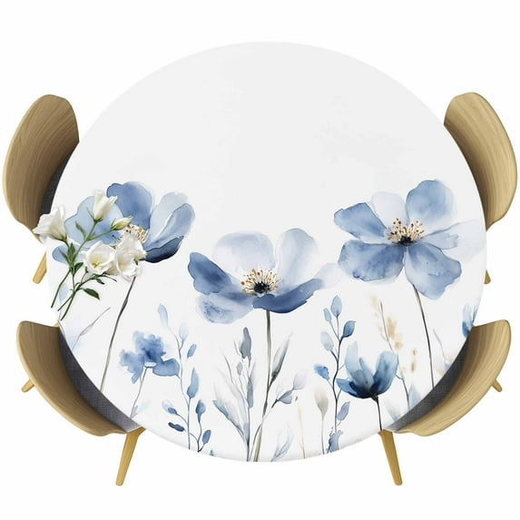 Blue Flower Round Tablecloth 45-54 Inch Round Fitted Table Cloth with Elastic Edge, Botanical White Floral Plant Herb Watercolor Waterproof Table Cover Protector for Outdoor Picnic Party Dining