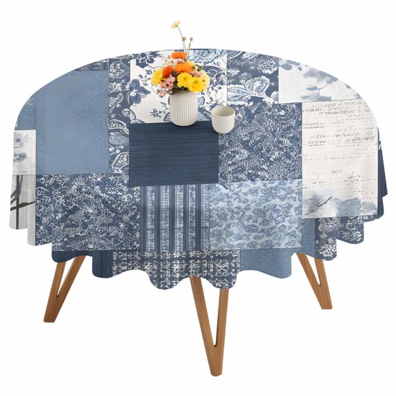 Blue Flower Round Tablecloth 54 inches Retro Watercolor Blue Beige Floral Patchwork Waterproof Oil-Proof Table Cloth Round Table Cover for Holiday Party Picnic Dinner Decor Indoor and Outdoor Use