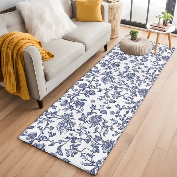 Blue Flower Runner Rug 2x6 FT,Non Slip Hallway Rugs,Spring Leaf Vintage Farmhouse Boho Plant Washable Soft Floor Carpet Throw Runner Carpet Long Rugs for Entryway Kitchen Bedside Sliding Door