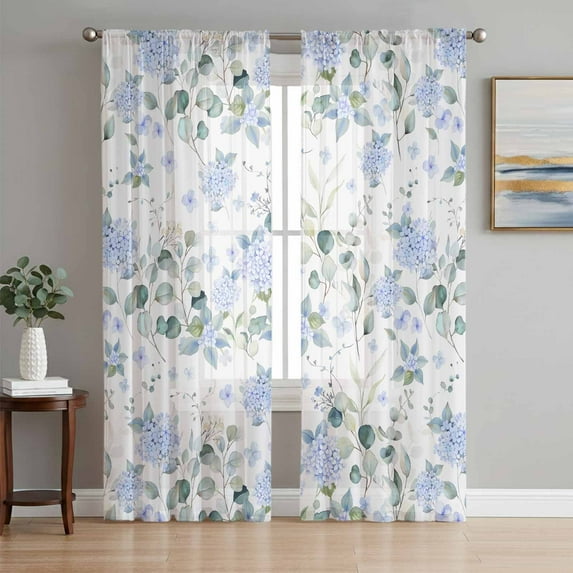 Blue Flower Semi Sheer Curtains 72 Inch Length 2 Panels Set, Sage Green Eucalyptus Leaf Farmhouse Country Sheer Kitchen Curtain Privacy Voile Window Curtain for Living Room Bedroom Rod Pocket Drapes
