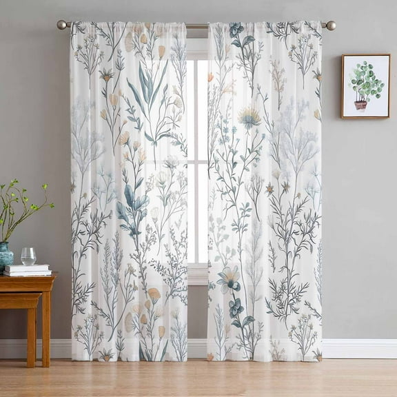 Blue Flower Semi Sheer Curtains 72 Inch Length 2 Panels Set, Watercolor Floral Leaves Spring Botanical Sheer Kitchen Curtain Privacy Voile Window Curtain for Living Room Bedroom Rod Pocket Drapes