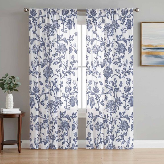 Blue Flower Semi Sheer Window Curtains 63 Inches Long, Spring Leaf Vintage Farmhouse Boho Plant Rod Pocket Voile Silky Chiffon Curtain Light Filtering Drapes for Living Room, 52"x63", 2 Panels