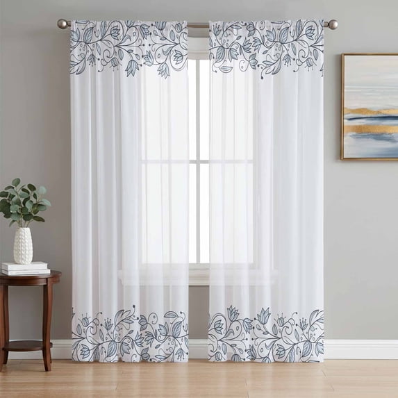 Blue Flower Sheer Curtains 63 Inch Length 2 Panels Set Window Treatments, Spring Modern Minimalist Country Floral Plant Rod Pocket Semi Curtains for Living Room/Bedroom/Kitchen Décor, 104"W x 63"L