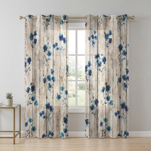 Blue Flower Sheer Curtains 63 Inch Long 2 Panels, Watercolor Floral ...