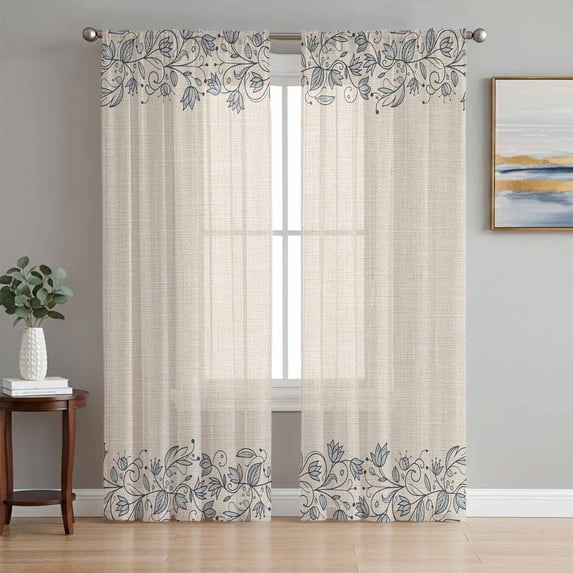 Blue Flower Sheer Curtains 72 Inch Length 2 Panels Set Window Treatments, Spring Farmhouse Country Floral Plant Beige Rod Pocket Semi Curtains for Living Room/Bedroom/Kitchen Décor, 104"W x 72"L
