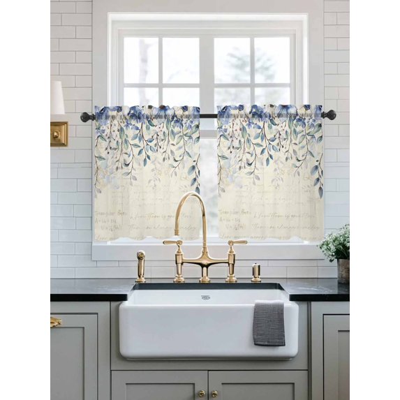 Blue Flower Sheer Kitchen Tier Curtains 36 Inch length,Rod Pocket Half Curtains Short Drapes,Farmhouse Eucalyptus Retro Country Plant Light Filtering Small Window Treatments 2 Pcs 27.5"W x 36"L