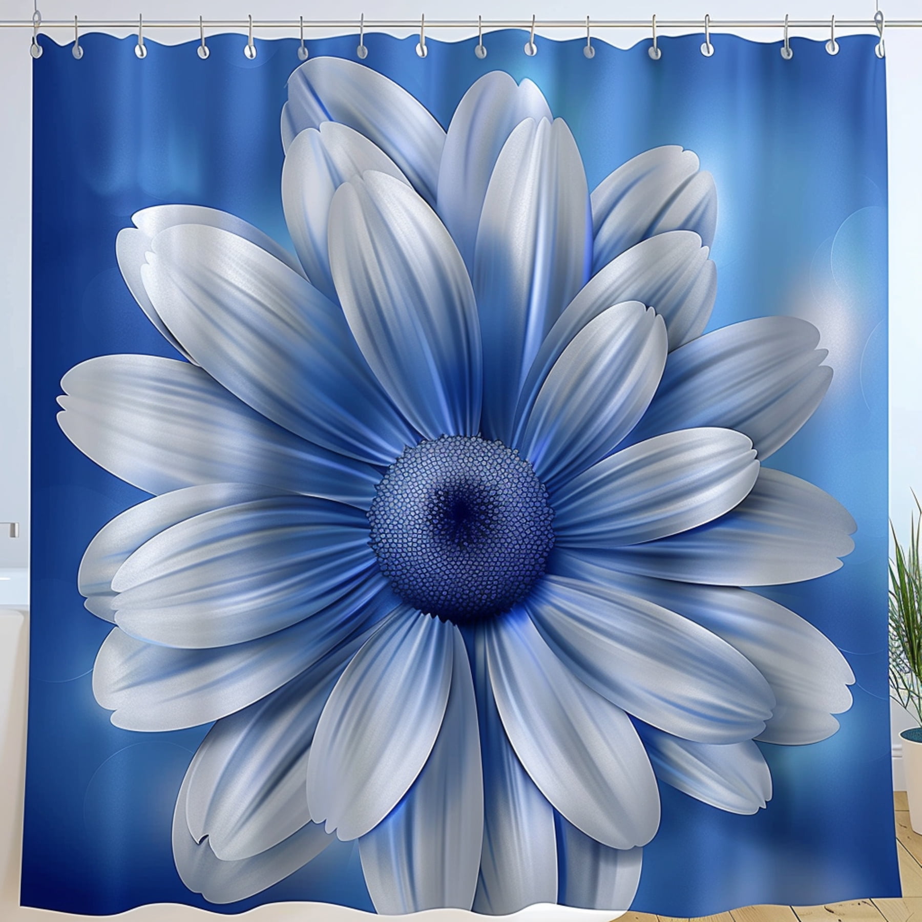 Blue Flower Shower Curtain: Large daisy design on blue background with ...